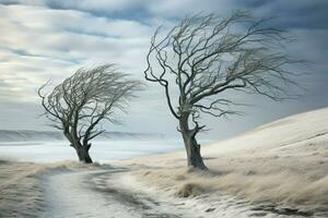 ai generado invierno azotado por el viento arboles - generativo ai foto