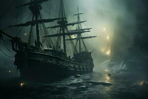 AI generated Cursed ghost ships, forever sailing the seas with ghostly crews seeking redemption - Generative AI photo