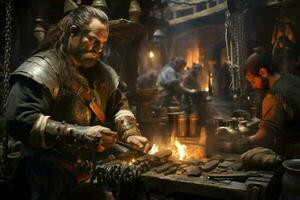 AI generated Loyal dwarven blacksmiths crafting mighty weapons - Generative AI photo