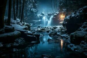 AI generated Frozen Waterfalls at Night - Generative AI photo