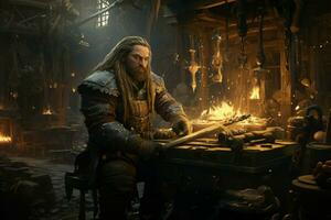 AI generated Loyal dwarven blacksmiths crafting mighty weapons - Generative AI photo