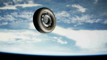 A Close-Up of a Tire Flying in the Air, Defying Gravity and Orbiting Earth video