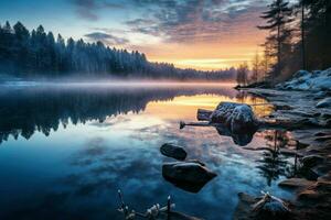 ai generado congelado orilla del lago reflexiones - generativo ai foto