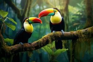 AI generated Two toucans sitting on a branch in the rainforest, toucan tropical bird sitting on a tree branch in natural wildlife environment, Ai generated photo