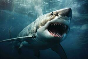 ai generado genial blanco tiburón, genial blanco tiburón en azul océano. submarino fotografía ai generado foto