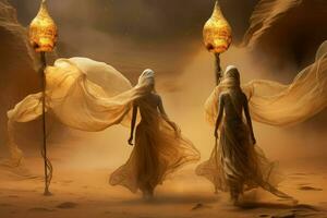 AI generated Whirling sandstorm djinns, granting three wishes to those who find their lamp - Generative AI photo