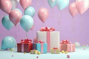 AI generated Colorful balloons background 3D Rendering, Celebratory background with color balloons, confetti, sparkles, lights, AI Generated photo