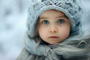 ai generado un linda niña en el nieve , un linda pequeño niña es vistiendo un peludo sombrero y bufanda en invierno ai generado foto