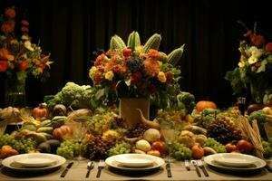 ai generado cena mesa decoración con verdades comida , delicioso fiesta comida en cena mesa ai generado foto