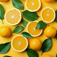 AI generated Image of juicy organic whole and halved oranges with leaves, Fresh orange and slice with leaves background, Close up AI generated photo