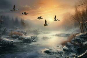 AI generated Flock of ducks flying over a frozen lake at sunset, winter time,Wild ducks flying over a frozen river, AI generated photo