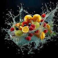 ai generado Fresco Fruta salpicaduras dentro claro agua, Fresco frutas dentro claro agua chapoteo antecedentes ai generado foto