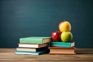 AI generated Alarm clock and stack of books on wooden table. Back to school concept Ai generated photo