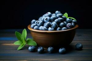 AI generated Fresh blueberries in a bowl on a wooden background, Blueberry banner. Bowl full of blueberries. Close-up food photography background Ai generated photo