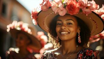 AI generated African woman smiling, looking at camera, enjoying summer outdoors generated by AI photo