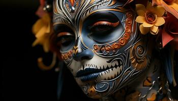 AI generated Traditional festival celebrates indigenous culture with colorful masks and costumes generated by AI photo