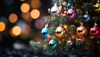 AI generated Christmas tree decorated with shiny ornaments and glowing lights generated by AI photo