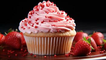 AI generated Freshly baked homemade cupcakes with strawberry icing and raspberry topping generated by AI photo