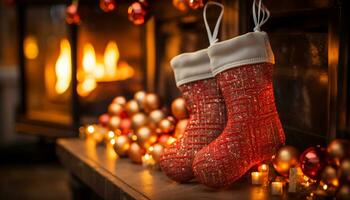 AI generated Cozy winter night flame illuminates Christmas tree, stockings, and gifts generated by AI photo