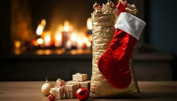 ai generado Navidad celebracion regalo caja, brillante vela, decorado árbol, jubiloso temporada generado por ai foto