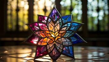 AI generated Stained glass window illuminates vibrant nature, symbolizing spirituality and creativity generated by AI photo