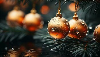 AI generated Christmas tree decorated with shiny gold ornaments and glowing lights generated by AI photo