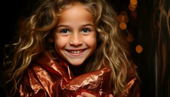 AI generated Smiling girl enjoying chocolate, happiness in winter, sweet celebration generated by AI photo