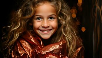 ai generado sonriente niña disfrutando chocolate, felicidad en invierno, dulce celebracion generado por ai foto