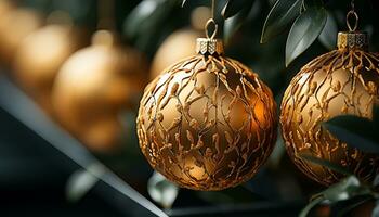 AI generated A glowing gold ornament decorates the Christmas tree indoors generated by AI photo