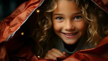AI generated Smiling child, cute and cheerful, holding umbrella in the rain generated by AI photo