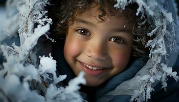 ai generado sonriente niño disfruta invierno al aire libre, nieve trae felicidad y alegría generado por ai foto