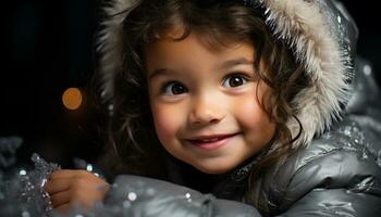 AI generated Cute child playing in the snow, smiling with joy generated by AI photo