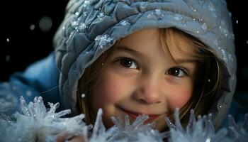 ai generado sonriente niño, retrato de linda chica, felicidad en invierno generado por ai foto