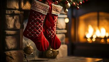 AI generated Cozy winter celebration gift stockings hang by the fireplace generated by AI photo