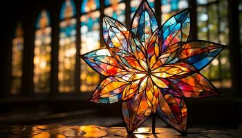 AI generated Stained glass window illuminates vibrant colors, reflecting nature beauty generated by AI photo