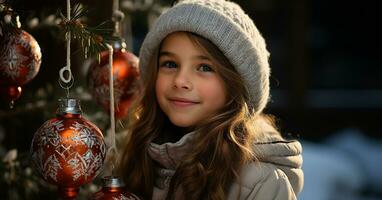 AI generated Smiling child, cheerful winter, cute girl, Christmas celebration, joy generated by AI photo