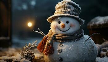 ai generado alegre monigote de nieve sonrisas en invierno, rodeado por naturaleza decoración generado por ai foto