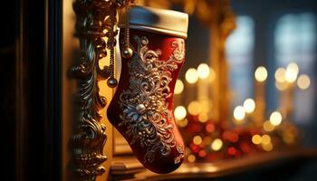 ai generado elegante oro vela ilumina florido cristiano símbolo en acogedor hogar generado por ai foto