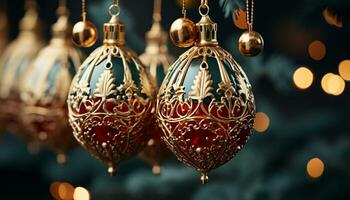 AI generated Christmas ornament hanging on tree, glowing with gold decoration generated by AI photo