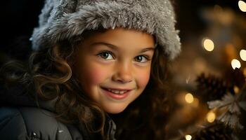 AI generated Smiling child in winter, happiness and joy outdoors, looking at camera generated by AI photo