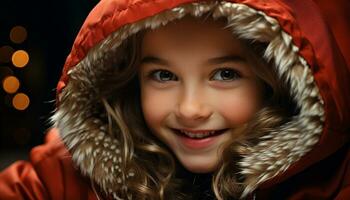 AI generated Smiling child in winter, cute portrait, cheerful and happy generated by AI photo