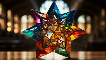 AI generated Vibrant colored glass shapes illuminate the elegant Christmas window generated by AI photo