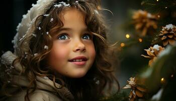 ai generado sonriente niño, linda retrato, felicidad al aire libre, mirando a cámara generado por ai foto