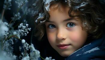 ai generado linda niño sonriente al aire libre, mirando a cámara, disfrutando naturaleza generado por ai foto