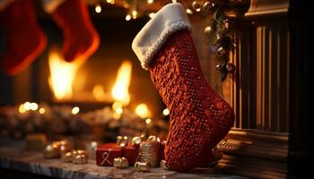 ai generado acogedor invierno noche brillante vela, ardiente fuego, Navidad árbol generado por ai foto