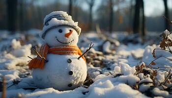 ai generado alegre monigote de nieve sonrisas, jugando en invierno congelado belleza generado por ai foto