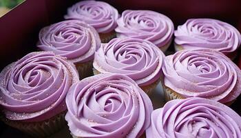 AI generated Freshly baked cupcakes with pink icing and candy decorations generated by AI photo