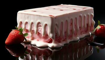 AI generated Gourmet dessert Fresh strawberry slice, indulgent chocolate, creamy raspberry generated by AI photo