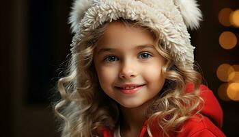 AI generated Smiling Caucasian girl, winter joy, looking at camera, celebrating Christmas generated by AI photo