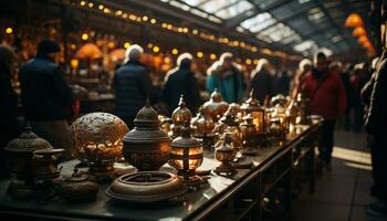 AI generated Turkish men selling souvenirs in a crowded indoor market generated by AI photo